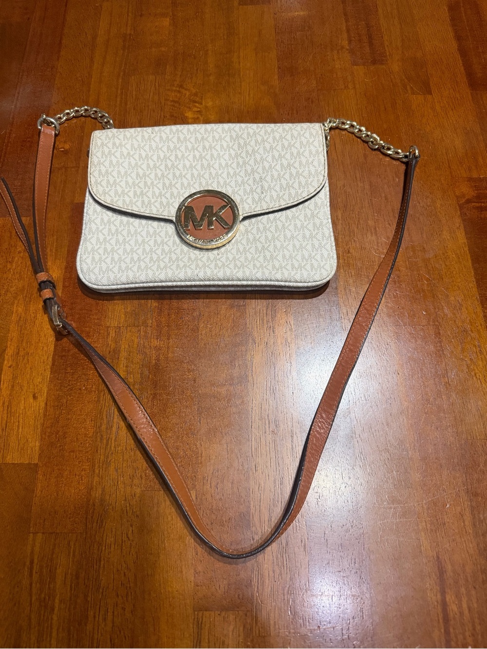 Michael Kors Ivory MK Logo Crossbody with Brown Trim and Gold Hardware